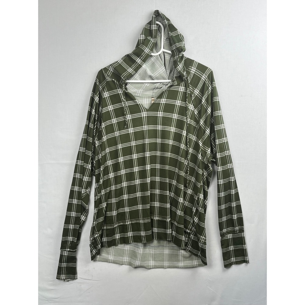 One World Plaid Hooded Top Olive Green White V-Neck Long Sleeve Pullover XL‎